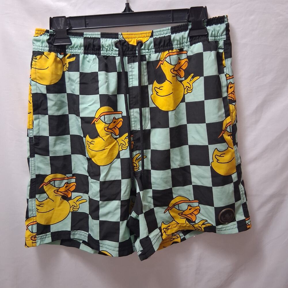 Neff Boys Printed Swim Trucks Black And Mint Green Checkboard Yellow Duck-L